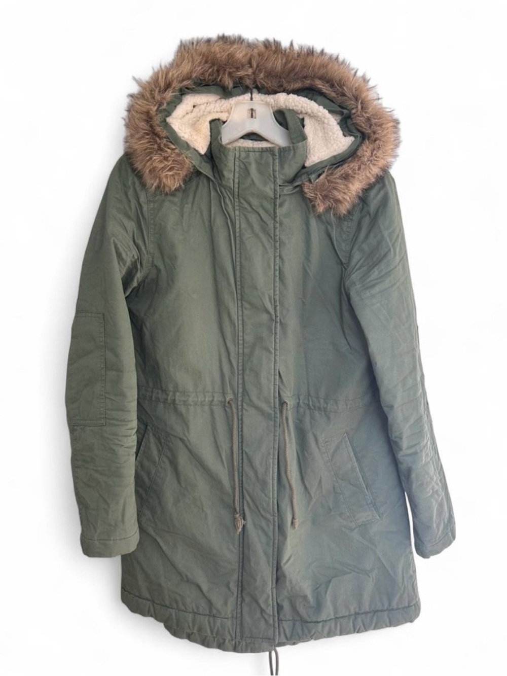 Gap Women’s Olive Green Parka w/ Faux Fur Hood. Body & Hood Sherpa Lined. Sz. S